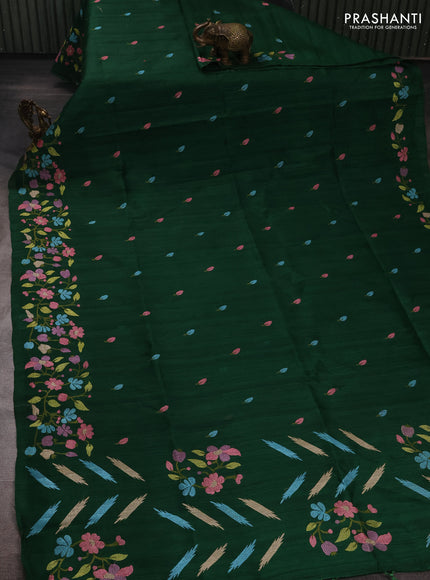 Bottle Green Semi Raw Silk Saree - Embroidery Work