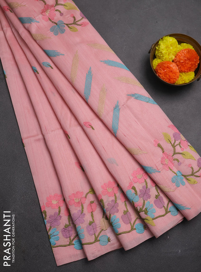 Peach Shade Semi Raw Silk Saree - Embroidery Work