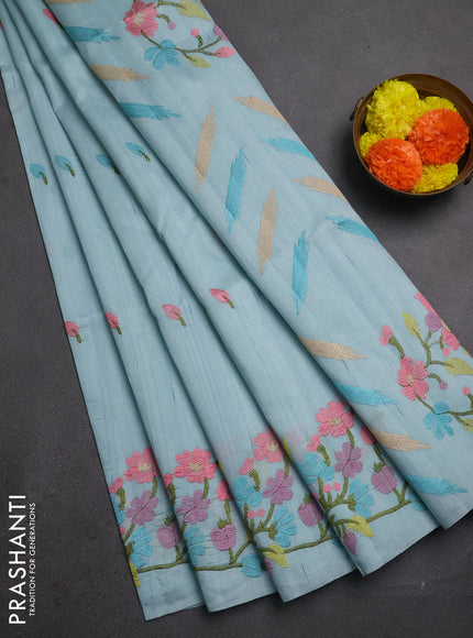 Pastel Blue Semi Raw Silk Saree - Embroidery Work