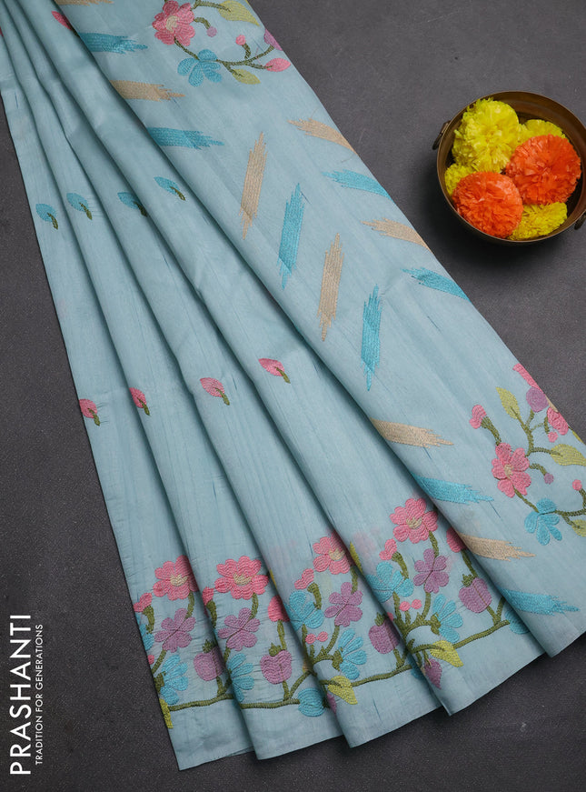 Pastel Blue Semi Raw Silk Saree - Embroidery Work