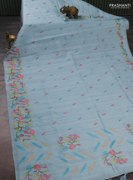 Pastel Blue Semi Raw Silk Saree - Embroidery Work