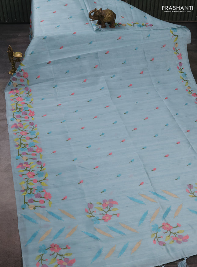 Pastel Blue Semi Raw Silk Saree - Embroidery Work