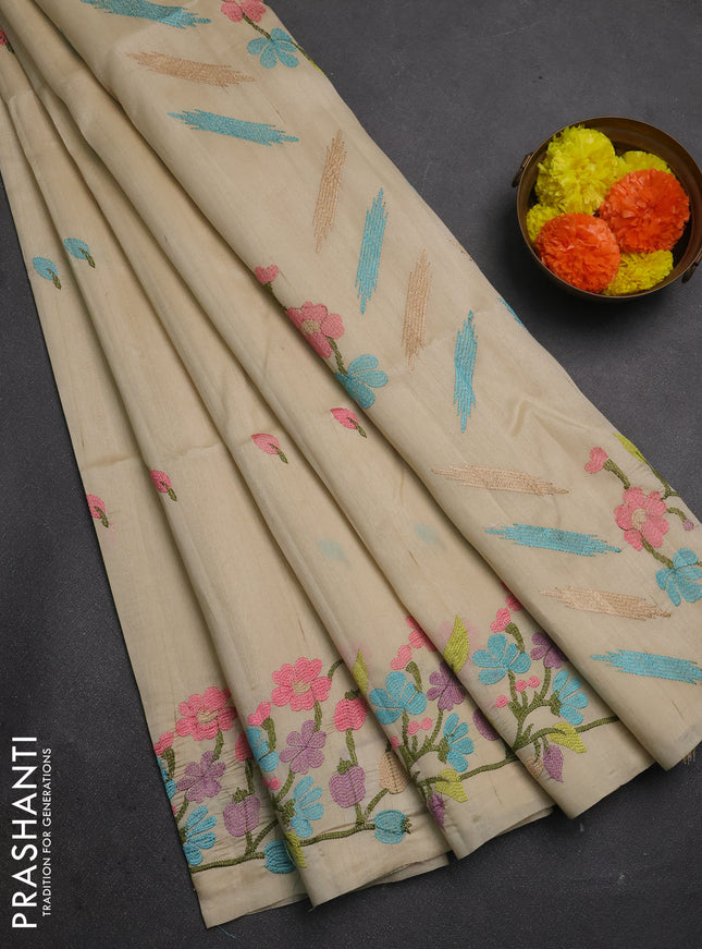 Beige Semi Raw Silk Saree - Embroidery Work
