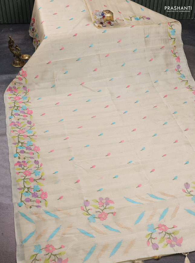 Beige Semi Raw Silk Saree - Embroidery Work