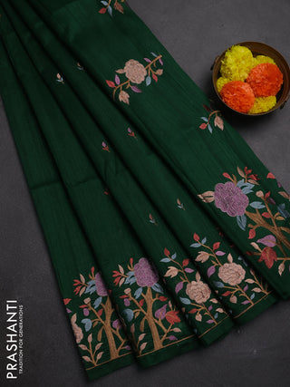 Bottle Green Semi Raw Silk Saree - Embroidery Work