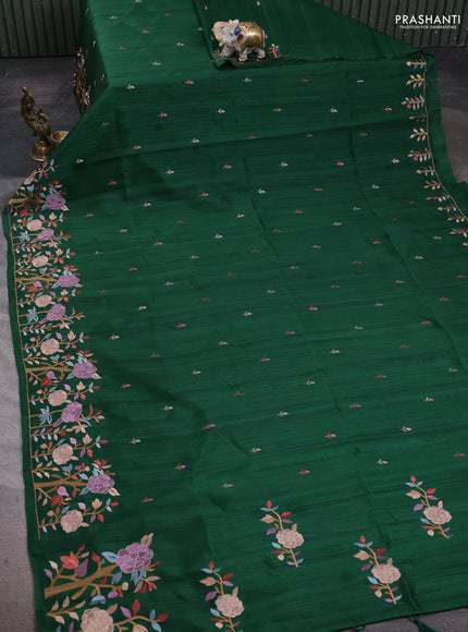 Bottle Green Semi Raw Silk Saree - Embroidery Work