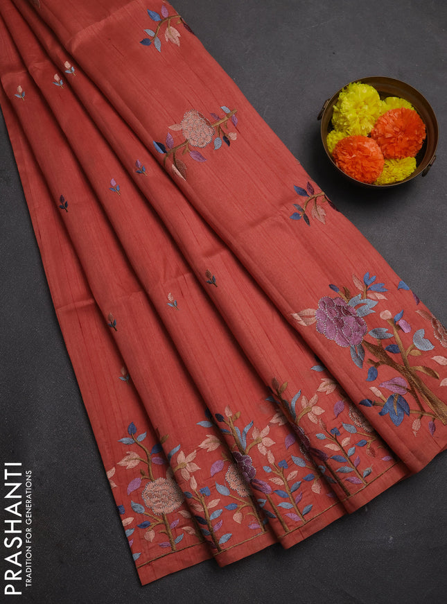 Dark Peach Semi Raw Silk Saree - Embroidery Work