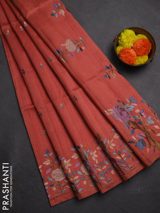Dark Peach Semi Raw Silk Saree - Embroidery Work