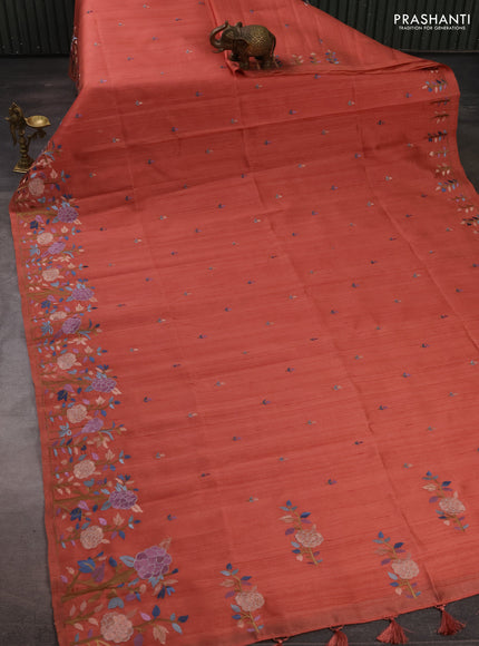 Dark Peach Semi Raw Silk Saree - Embroidery Work