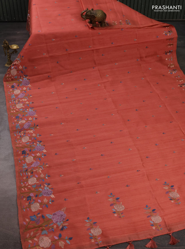 Dark Peach Semi Raw Silk Saree - Embroidery Work