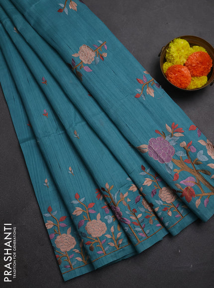 Teal Blue Shade Semi Raw Silk Saree - Embroidery Work