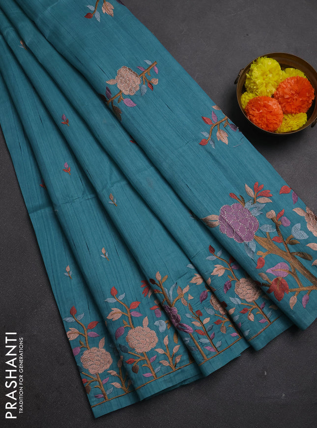 Teal Blue Shade Semi Raw Silk Saree - Embroidery Work