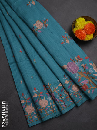 Teal Blue Shade Semi Raw Silk Saree - Embroidery Work