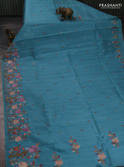 Teal Blue Shade Semi Raw Silk Saree - Embroidery Work