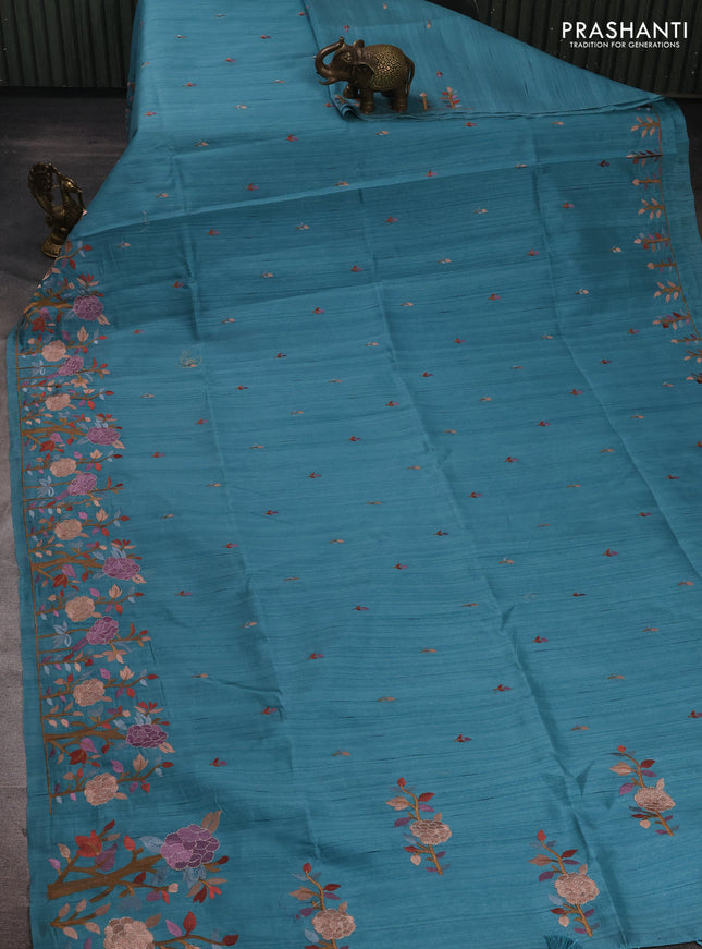 Teal Blue Shade Semi Raw Silk Saree - Embroidery Work