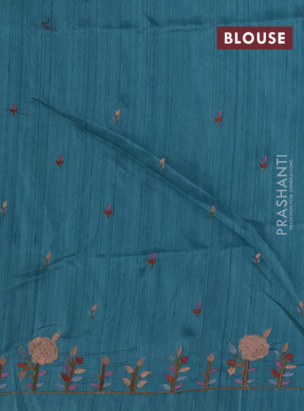 Teal Blue Shade Semi Raw Silk Saree - Embroidery Work