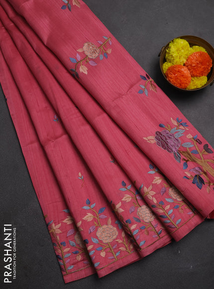 Peach Pink Semi Raw Silk Saree - Embroidery Work