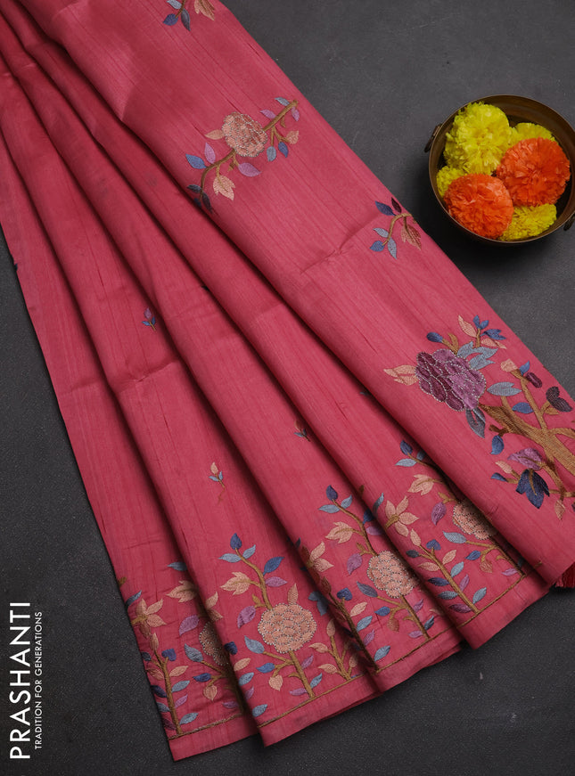 Peach Pink Semi Raw Silk Saree - Embroidery Work