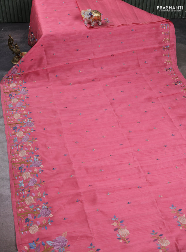 Peach Pink Semi Raw Silk Saree - Embroidery Work