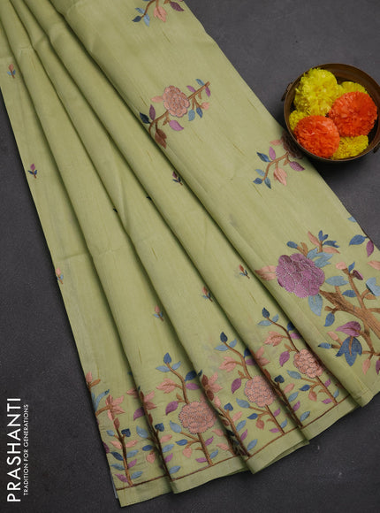 Pista Green Semi Raw Silk Saree - Embroidery Work