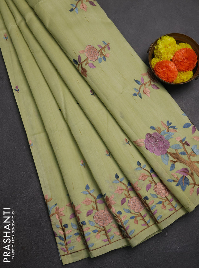 Pista Green Semi Raw Silk Saree - Embroidery Work