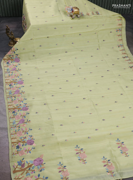 Pista Green Semi Raw Silk Saree - Embroidery Work