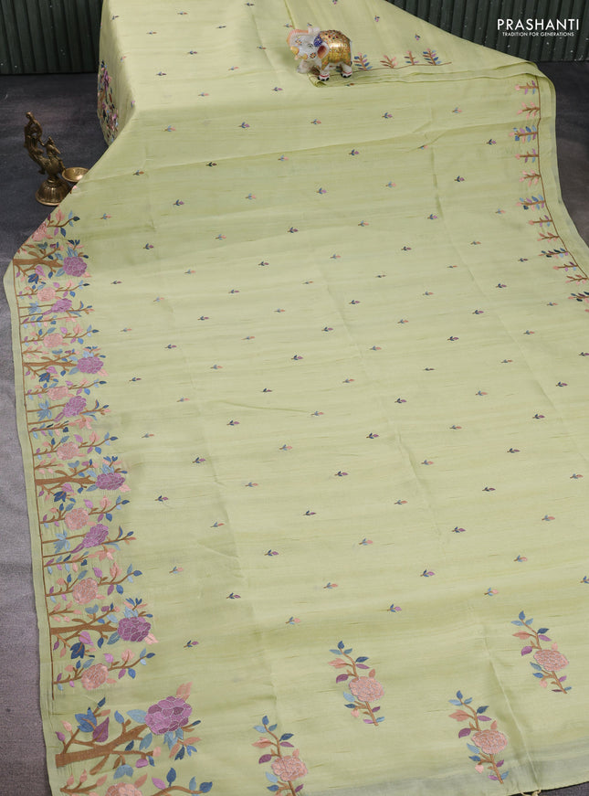 Pista Green Semi Raw Silk Saree - Embroidery Work