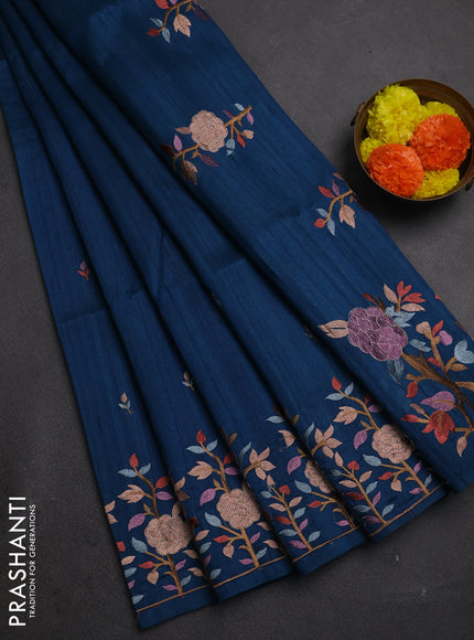 Peacock Blue Semi Raw Silk Saree - Embroidery Work