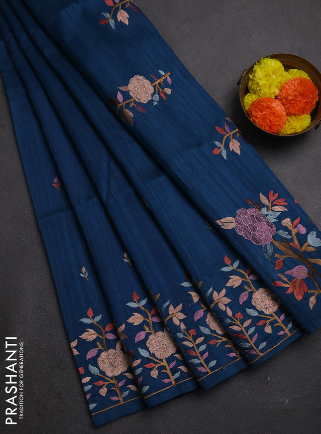Peacock Blue Semi Raw Silk Saree - Embroidery Work