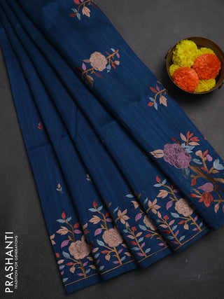 Peacock Blue Semi Raw Silk Saree - Embroidery Work