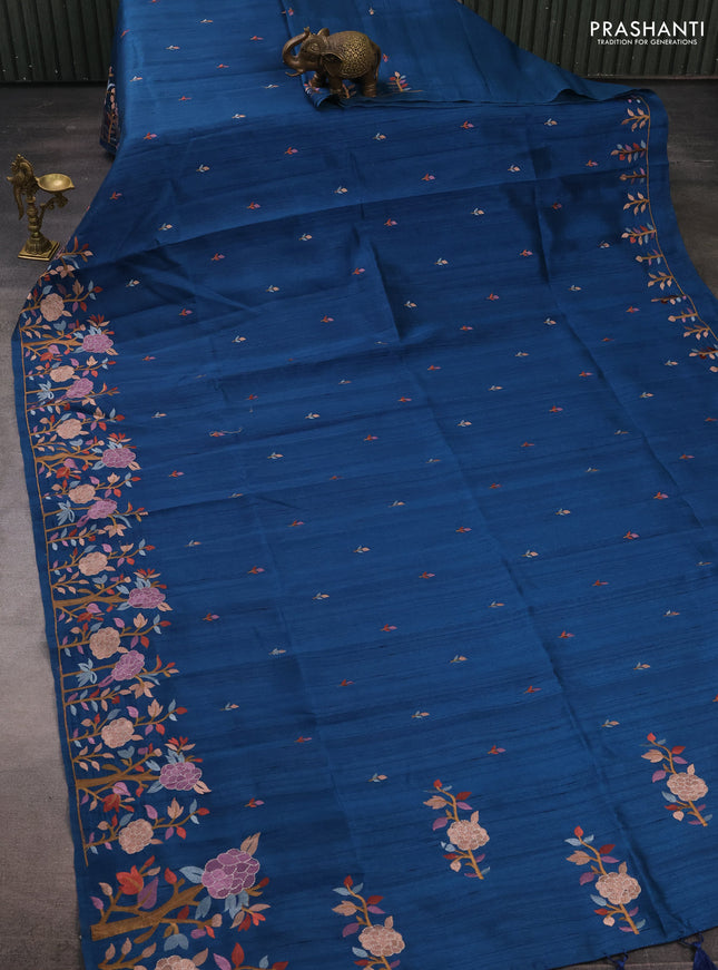 Peacock Blue Semi Raw Silk Saree - Embroidery Work