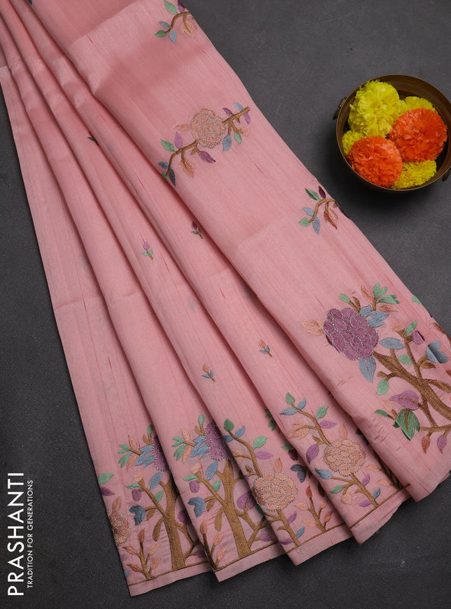 Peach Shade Semi Raw Silk Saree - Embroidery Work