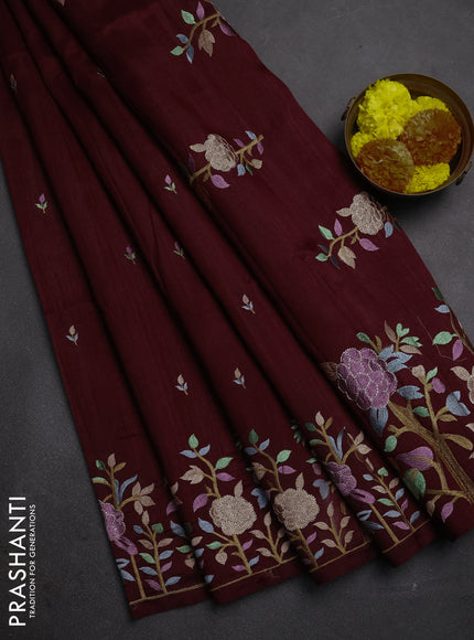 Deep Wine Shade Semi Raw Silk Saree - Embroidery Work