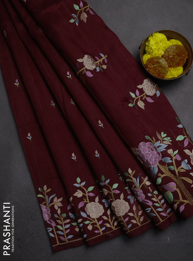 Deep Wine Shade Semi Raw Silk Saree - Embroidery Work