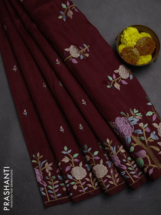 Deep Wine Shade Semi Raw Silk Saree - Embroidery Work