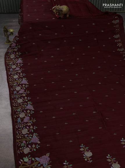 Deep Wine Shade Semi Raw Silk Saree - Embroidery Work