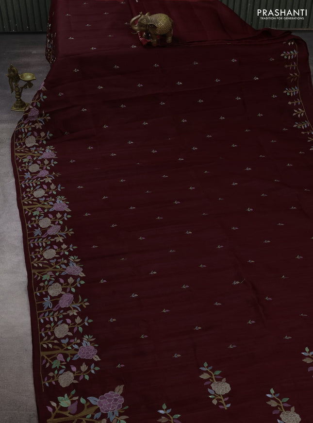 Deep Wine Shade Semi Raw Silk Saree - Embroidery Work