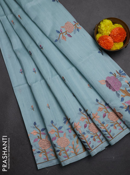 Pastel Blue Semi Raw Silk Saree - Embroidery Work
