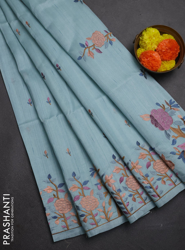 Pastel Blue Semi Raw Silk Saree - Embroidery Work