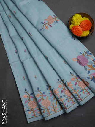 Pastel Blue Semi Raw Silk Saree - Embroidery Work