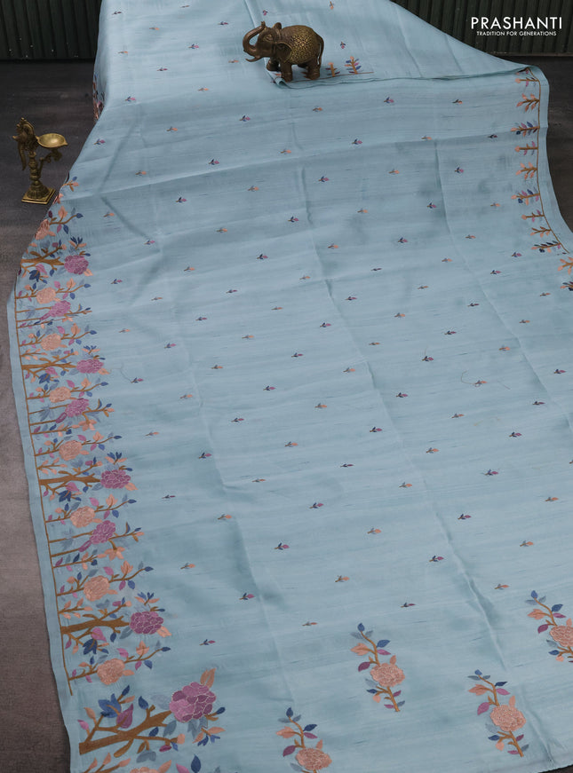 Pastel Blue Semi Raw Silk Saree - Embroidery Work