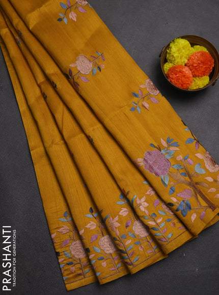 Dark Mustard Semi Raw Silk Saree - Embroidery Work