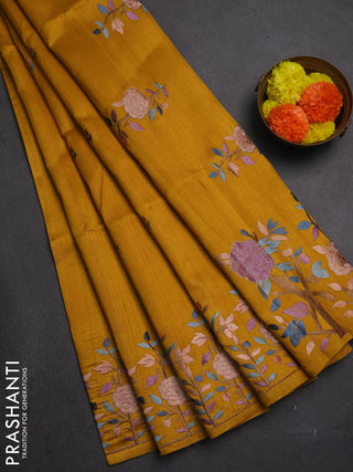 Dark Mustard Semi Raw Silk Saree - Embroidery Work