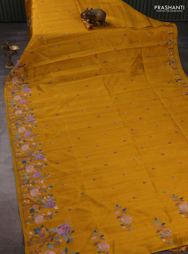 Dark Mustard Semi Raw Silk Saree - Embroidery Work