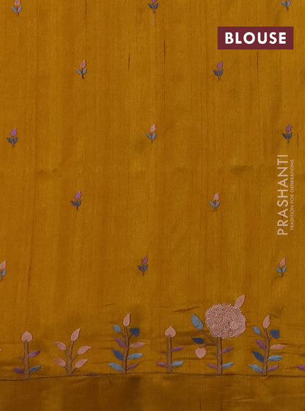 Dark Mustard Semi Raw Silk Saree - Embroidery Work