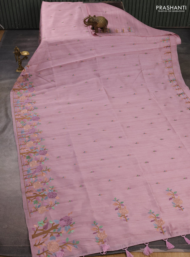 Pastel Pink Semi Raw Silk Saree - Embroidery Work