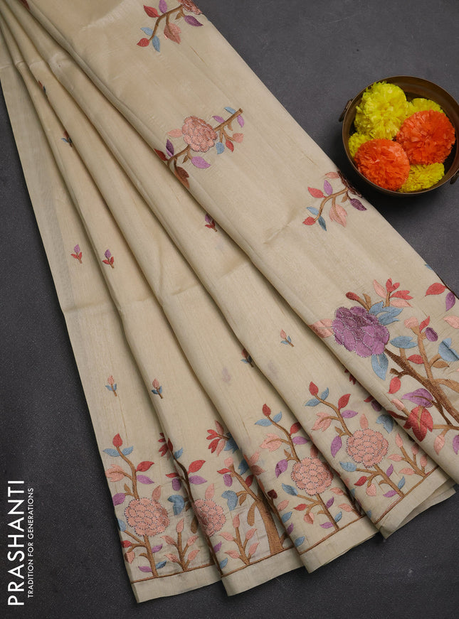 Beige Semi Raw Silk Saree - Embroidery Work