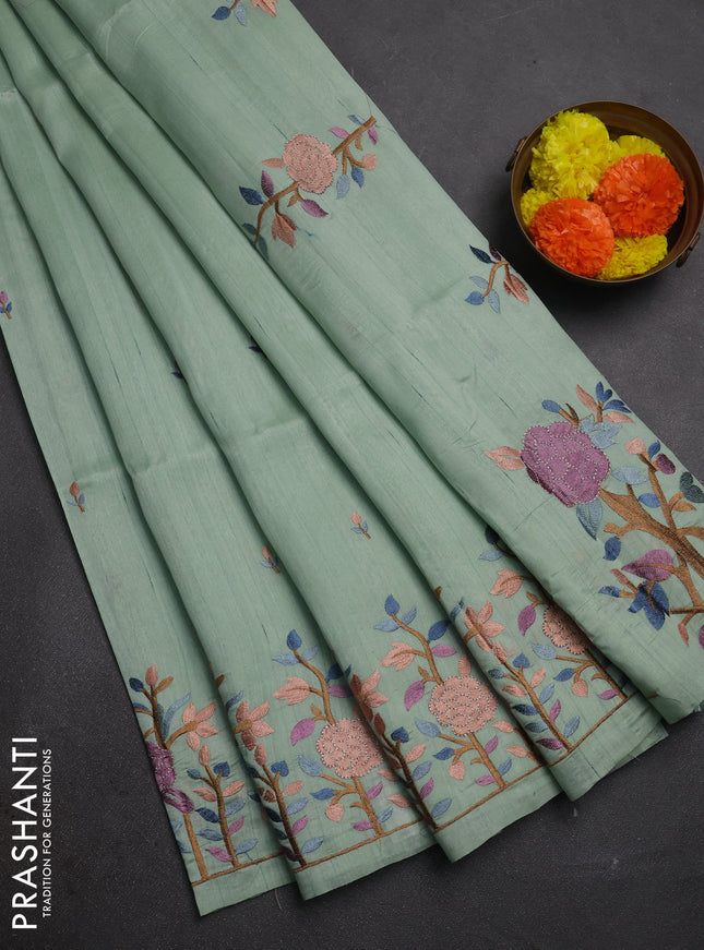 Pastel Green Semi Raw Silk Saree - Embroidery Work