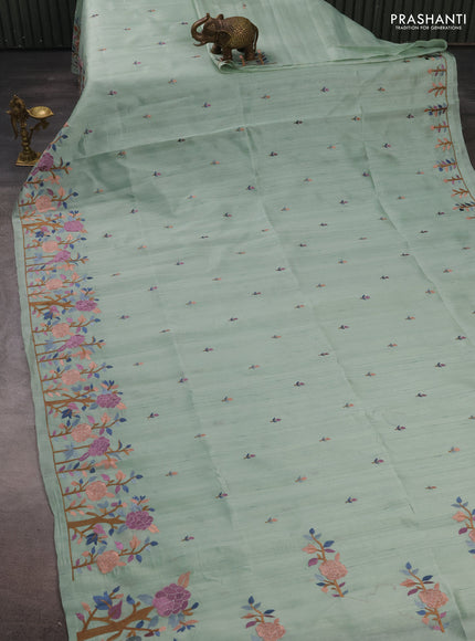 Pastel Green Semi Raw Silk Saree - Embroidery Work