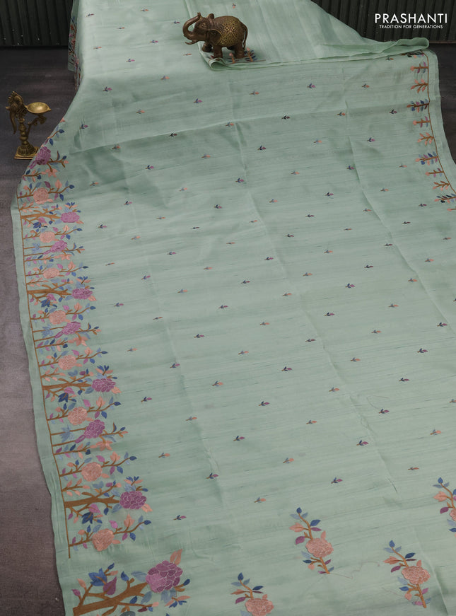 Pastel Green Semi Raw Silk Saree - Embroidery Work